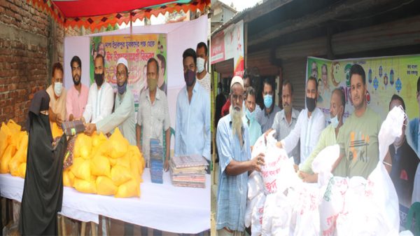 ফতুল্লা সংবাদদাতা : আসন্ন পবিত্র ঈদুল ফিতর ও করোনা মহামারি প্রতিরোধকল্পে সরকার ঘোষিত লকডাউনে কর্মহীন হয়ে পড়া দরিদ্র জনগোষ্ঠীর মাঝে গত কয়েকদিন ধরে ঈদ সামগ্রী বিতরণ করে আসছেন ফতুল্লা থানা আওয়ামী লীগের যুগ্ম সম্পাদক আলহাজ্ব ফরিদ আহম্মেদ লিটন। গত তিনদিনে ১২’শ মানুষের মধ্যে ঈদ সামগ্রী বিতরণ করে ফেলেছেন স্থানীয়দের কাছে মানবতার ফেরিওয়ালা খ্যাত এই রাজনৈতিক নেতা। এরই ধারাবাহিকতায় গতকাল শনিবার রাত সহ আজ রবিবার সকাল থেকে দুপুর পর্যন্ত মোট তিনটি স্পটে ৮ শত মানুষের মাঝে কিছু শাড়ী ও লুঙ্গি সহ ঈদ সামগ্রী বিতরণ করেছেন। এ প্রসঙ্গে আলহাজ্ব ফরিদ আহম্মেদ লিটন বলেন, আজ বেলা ১১টার দিকে দাপা ইদ্রাকপুর কবরস্থানের পূর্ব পাশে রেম্বো মিল এলাকায় তিনশ এবং শাহজাহান রোলিং মিল খাঁ বাড়ি এলাকায় ২’শ জন মানুষের মাঝে ঈদ সামগ্রী বিতরণ করেছি। এছাড়া গতরাতে দাপা ইদ্রাকপুর শৈলকুড়া এলাকায় তিনশ মানুষের মাঝে ঈদ সামগ্রী বিতরণ করা হয়েছে। এর আগে কয়েক দফায় ফতুল্লা রেলস্টেশন সংলগ্ন ব্যাংক কলোনী, বেপারীপাড়া, খোঁজপাড়া, মাতবর বাড়ি ও সরদার বাড়ি এলাকায় মোট ১২’শ মানুষের মাঝে আমার ব্যাক্তিগত তহবিল থেকে ঈদ সামগ্রী বিতরণ করেছি। আজকের ৮’শ সহ সর্বমোট দুই হাজার মানুষের মাঝে ঈদ সামগ্রী বিতরণ করা হয়েছে। আগামী ২/১ দিনের মধ্যে আরো এক হাজার মানুষের মাঝে বিতরণের পরিকল্পনা রয়েছে। ফতুল্লাবাসীর কাছে দোয়া চেয়ে ফরিদ আহম্মেদ লিটন আরো বলেন, আপনারা আমার জন্য দোয়া করবেন, যাতে করে আগামী দিনে আরো বেশী করে গরীব অসহায় মানুষগুলোর সেবা করতে পারি। তবে আমার বিশ্বাস এর পাশাপাশি যদি সমাজের সকল বিত্তবানরা এগিয়ে আসে তবে দারিদ্র্যতা দূর হতে বেশীদিন সময় লাগবে না। অদ্যকার ঈদ সামগ্রী বিতরণকালে আরো উপস্থিত ছিলেন, ফতুল্লা থানা আওয়ামী লীগের সাংস্কৃতিক বিষয়ক সম্পাদক মোঃ শহিদুল ইসলাম, বিশিষ্ট সমাজসেবক হাজ্বী আমির হোসেন, ফতুল্লা ১, ২ ও ৩নং ওয়ার্ড আওয়ামী লীগের প্রচার সম্পাদক মিন্টু পাল, সদস্য জাকির হোসেন বাবুল, একই ওয়ার্ড যুবলীগ সভাপতি এসএম আমান উল্লাহ প্রমূখ।